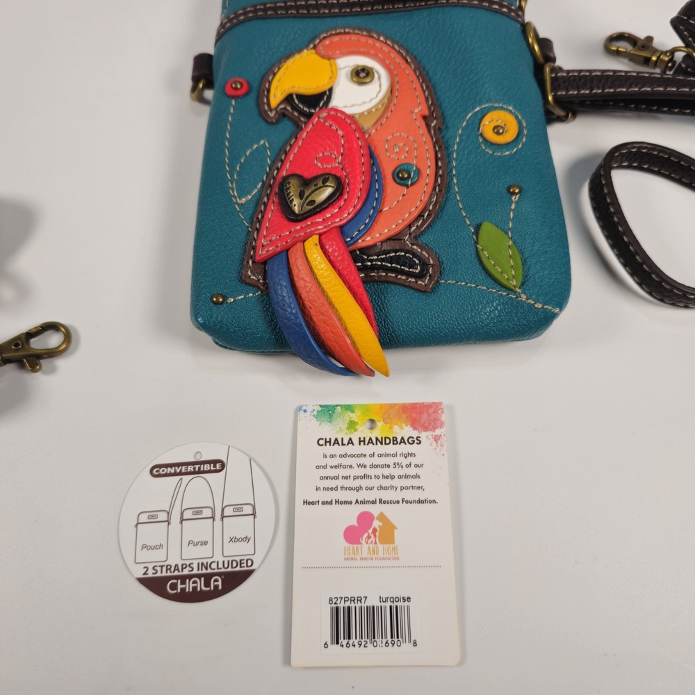 CHALA Red Parrot Cell Phone Crossbody Purse Turquoise Convertible 2 Straps NWT - Picture 6 of 6